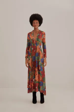 Black Stitched Flowers V Neck Maxi Dress