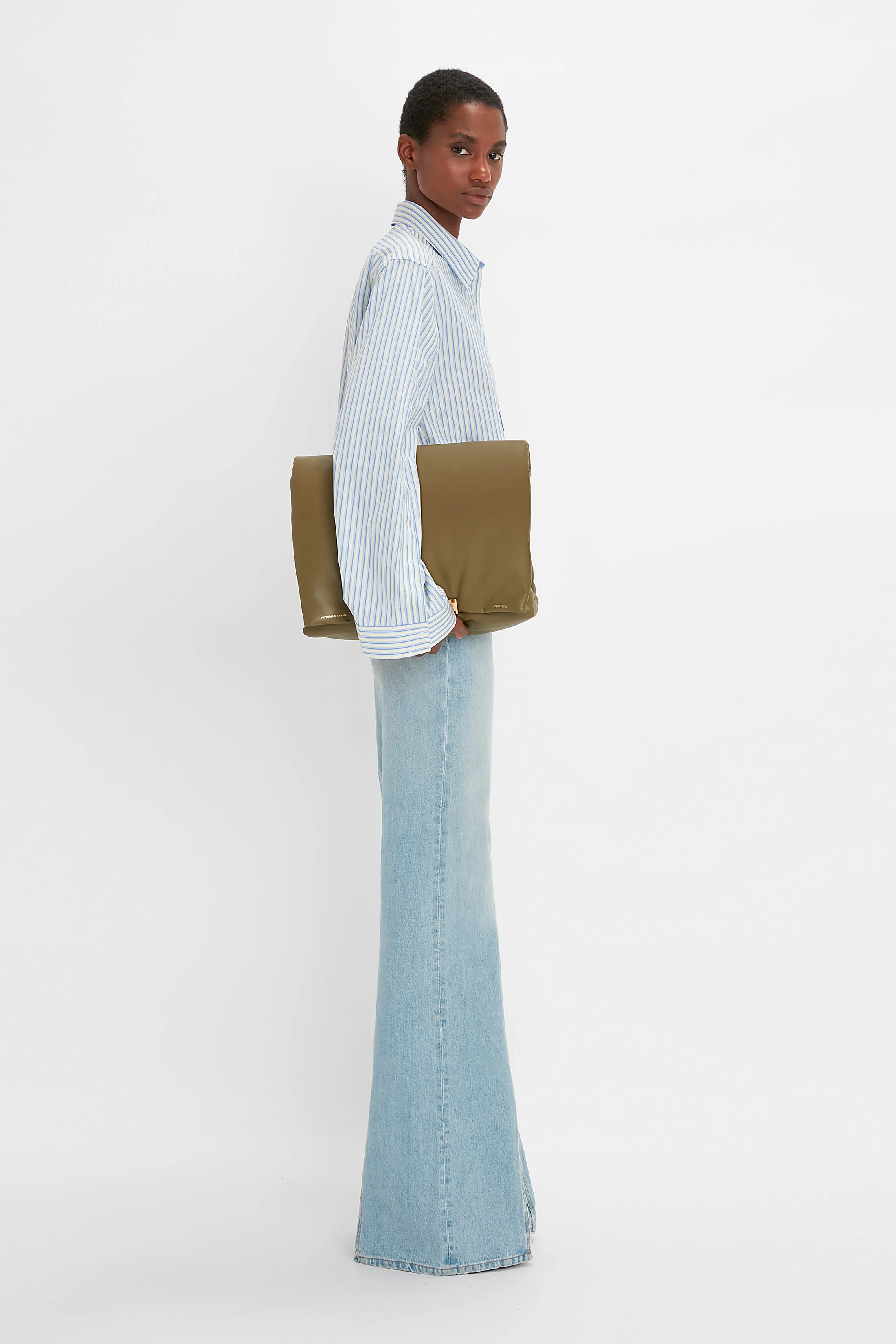Button Detail Cropped Shirt In Chamomile Blue Stripe
