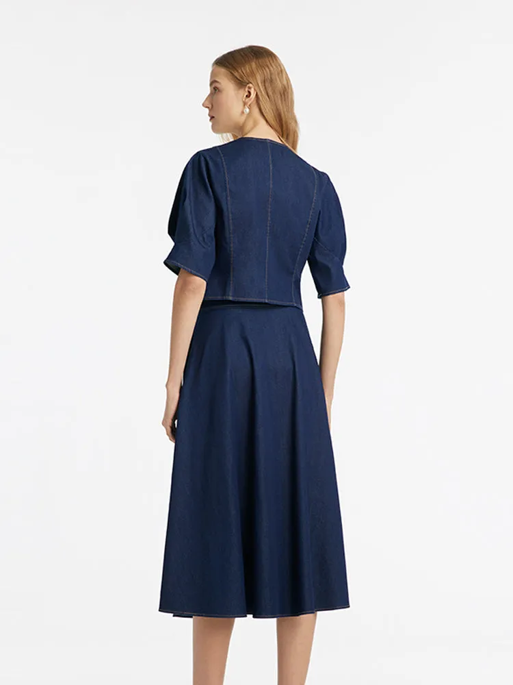 Denim V-Neck Top And Half Skirt Two-Piece Set