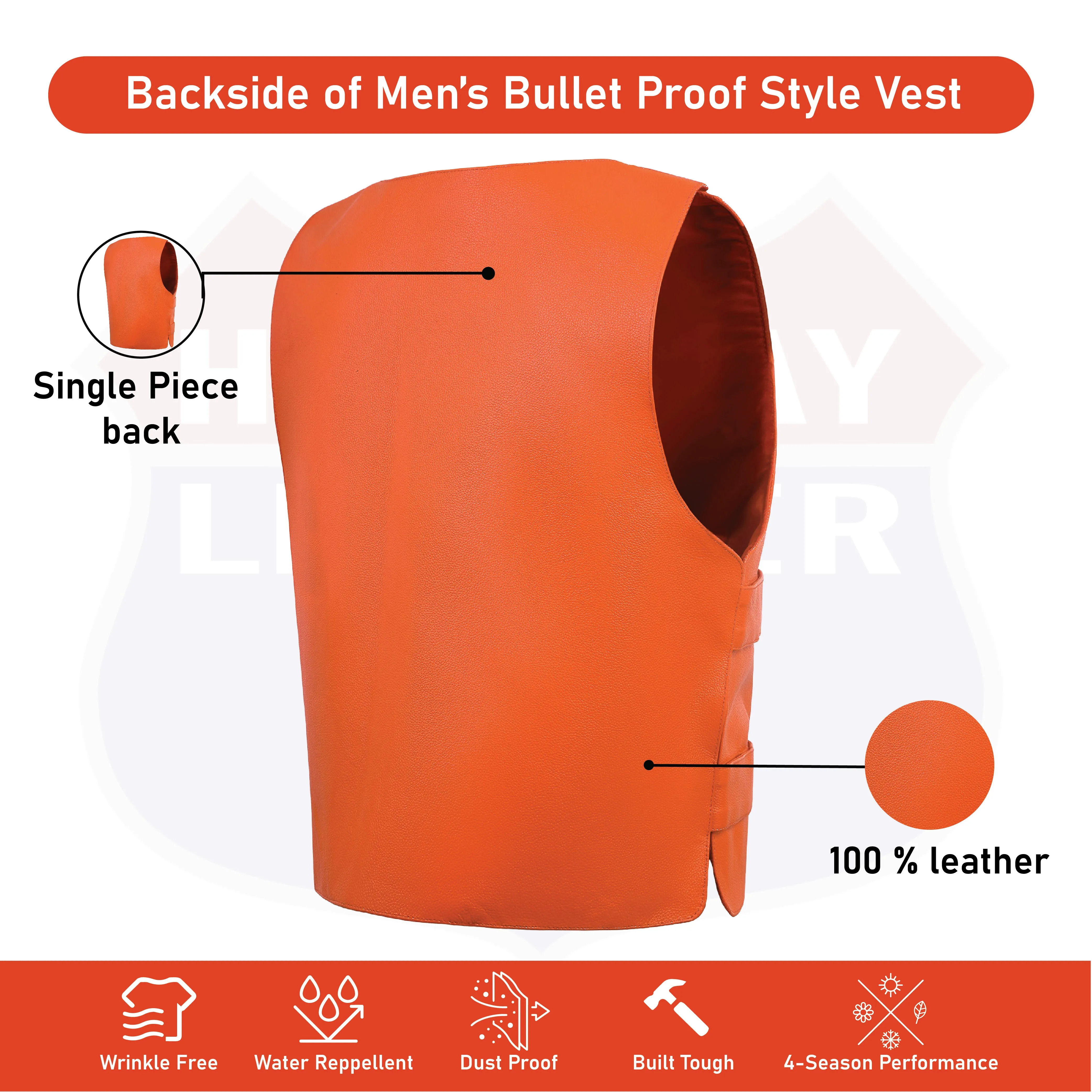 HL11643ORANGE Men's Orange Bulletproof Leather Vest  Perfect for Biker Clubs