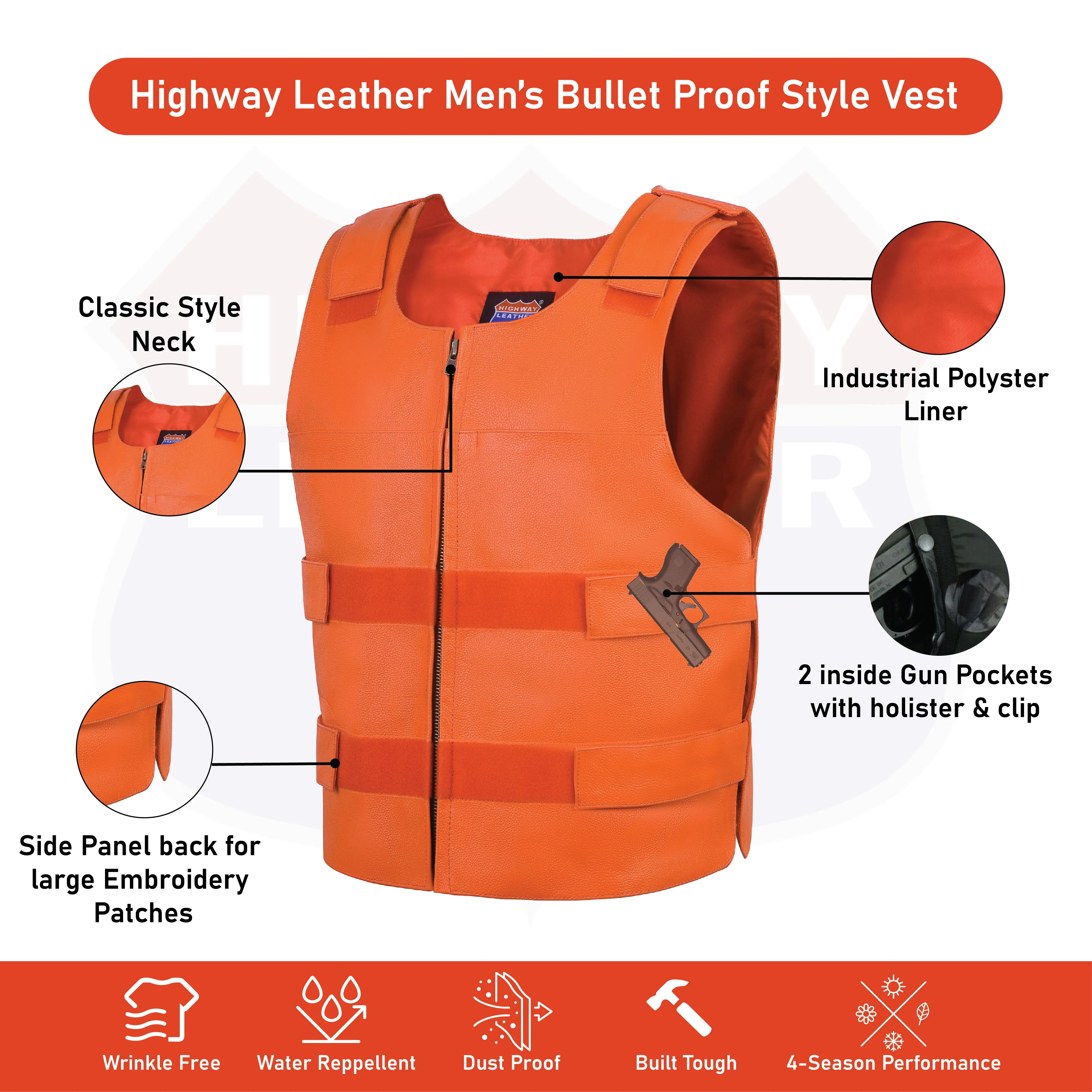 HL11643ORANGE Men's Orange Bulletproof Leather Vest  Perfect for Biker Clubs