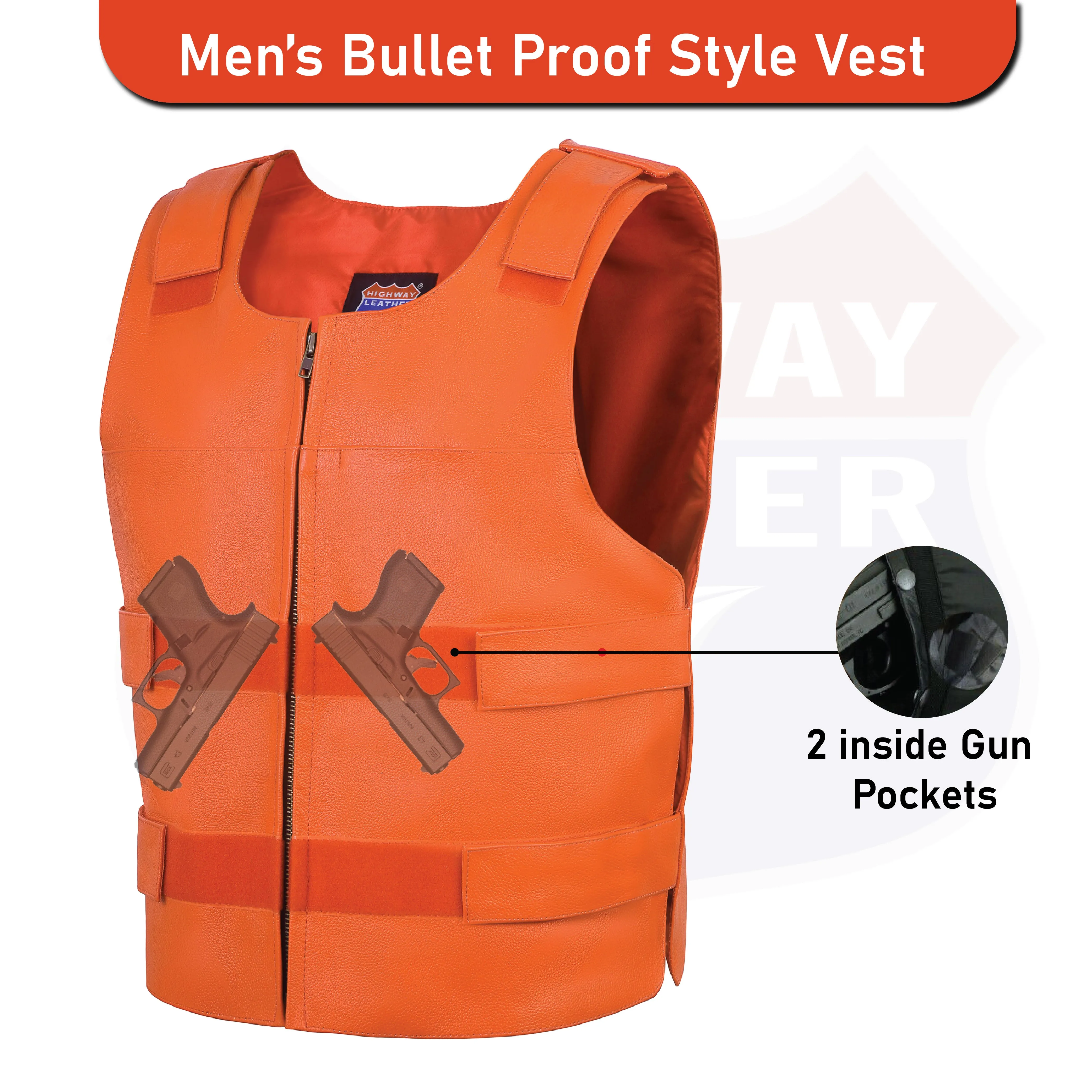 HL11643ORANGE Men's Orange Bulletproof Leather Vest  Perfect for Biker Clubs