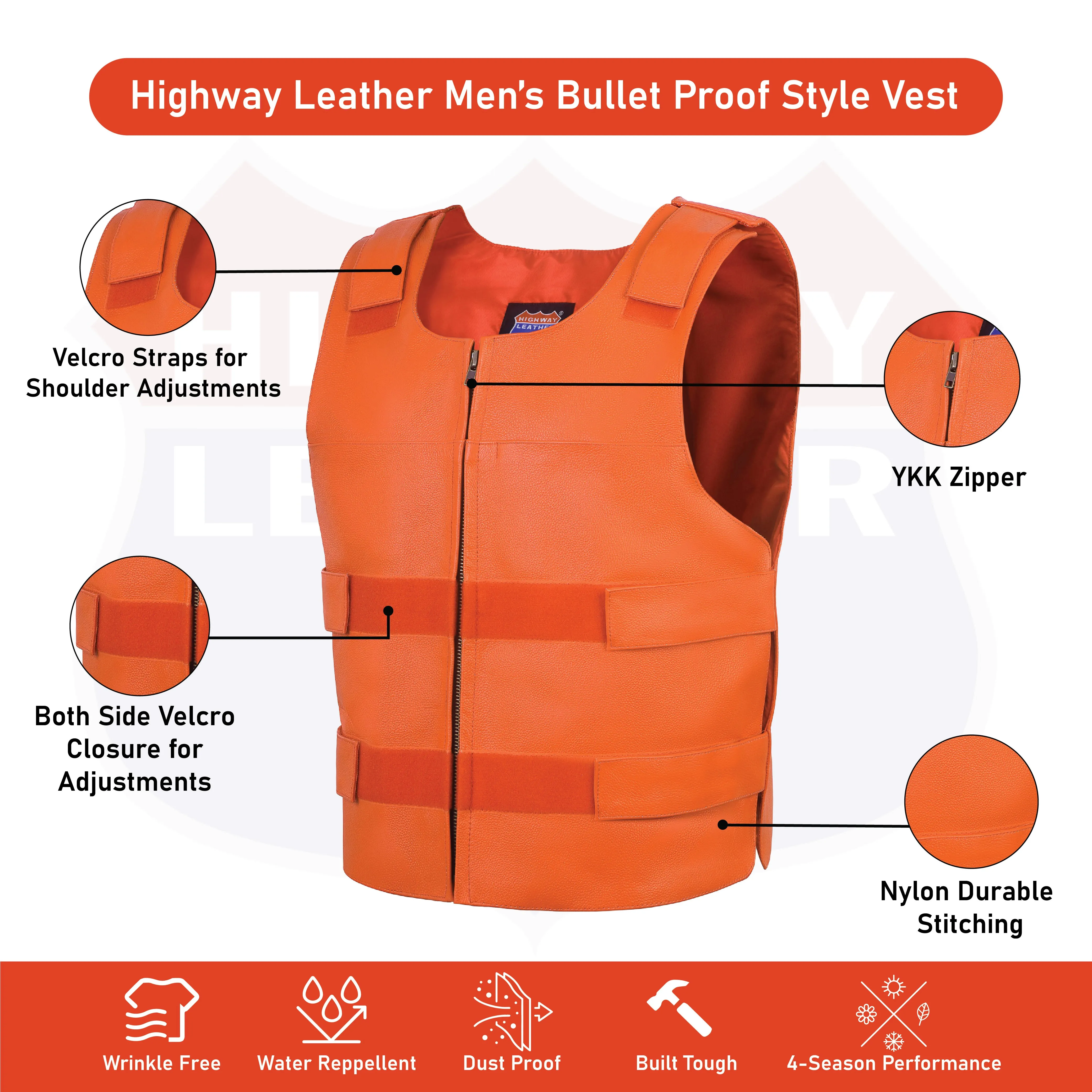 HL11643ORANGE Men's Orange Bulletproof Leather Vest  Perfect for Biker Clubs