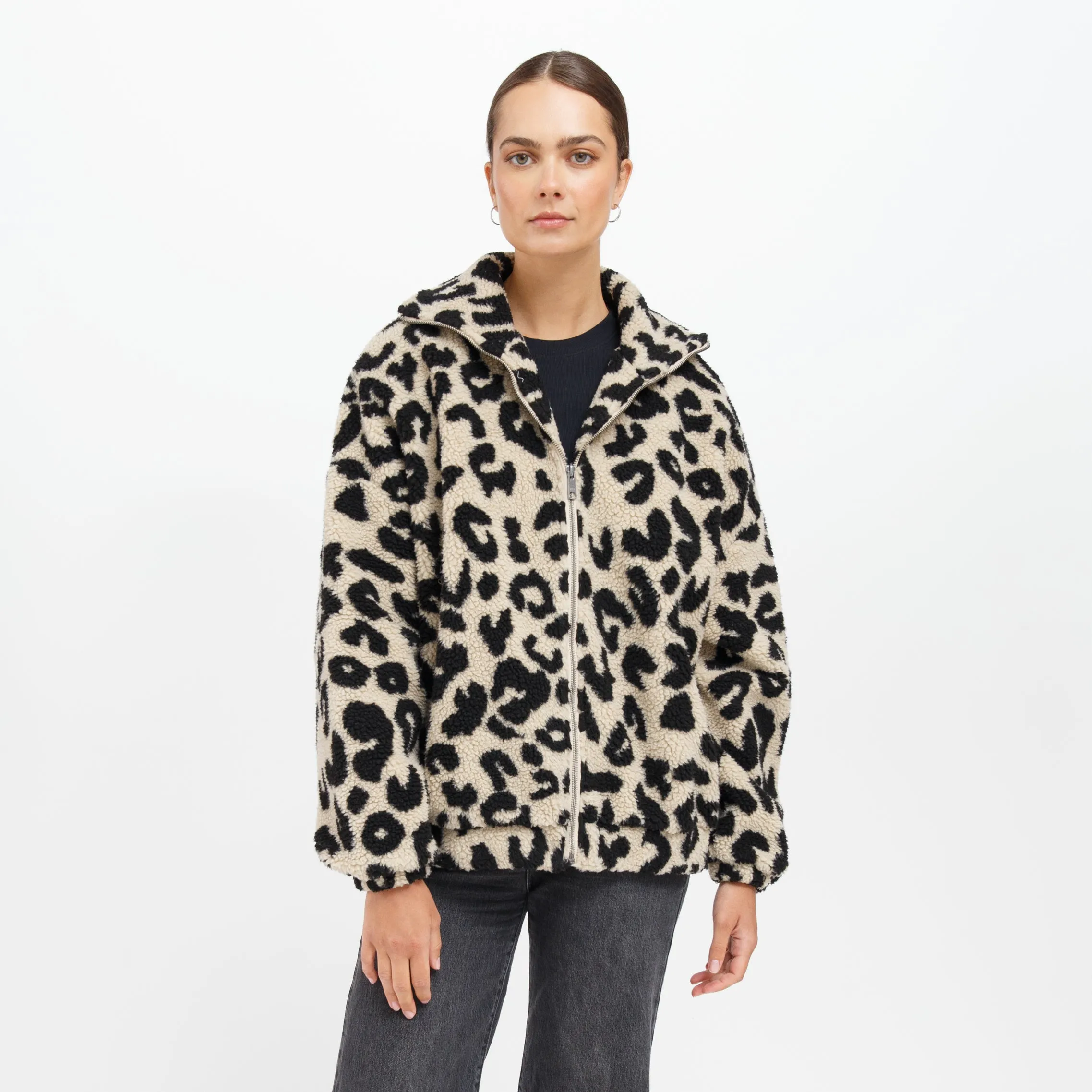 Leopard Sherpa Zip Jacket | Tan Leopard