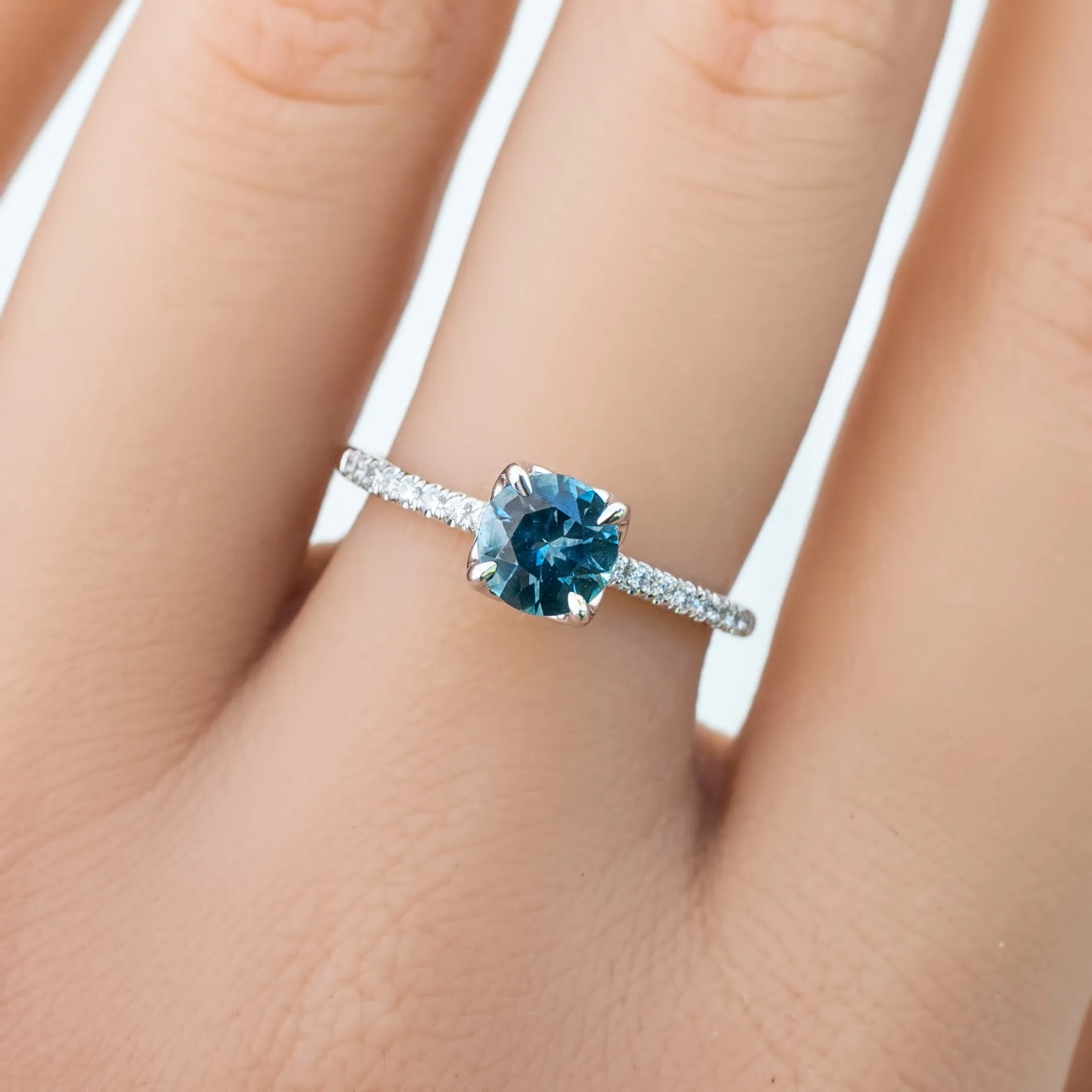 Maria Ring 1.03ct Round Blue Montana Sapphire, 14K White Gold (One of a kind)