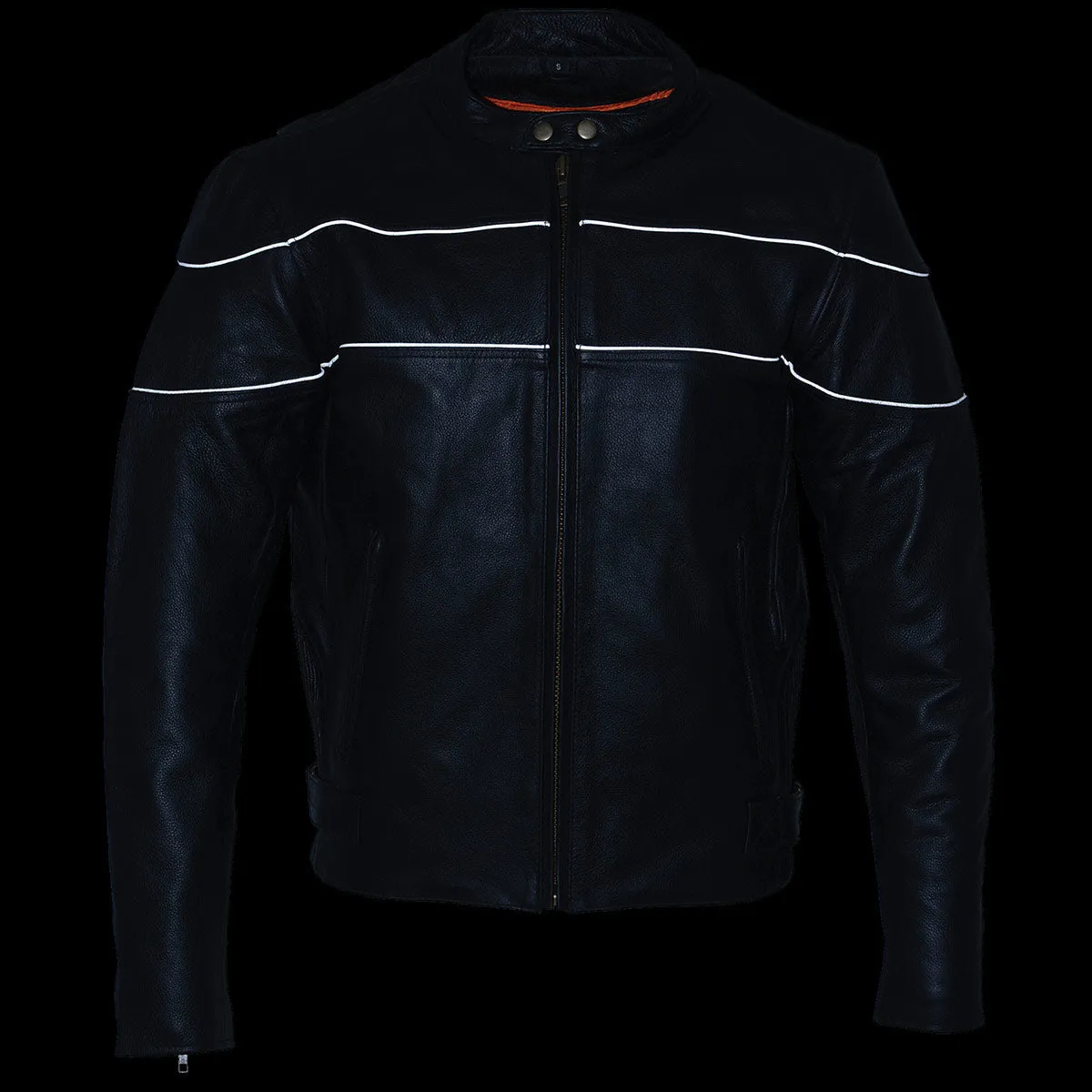 Milwaukee Leather LKM1785 Mens Black Leather Scooter Style Motorcycle Jacket w/ Side Stretch and Reflective Piping