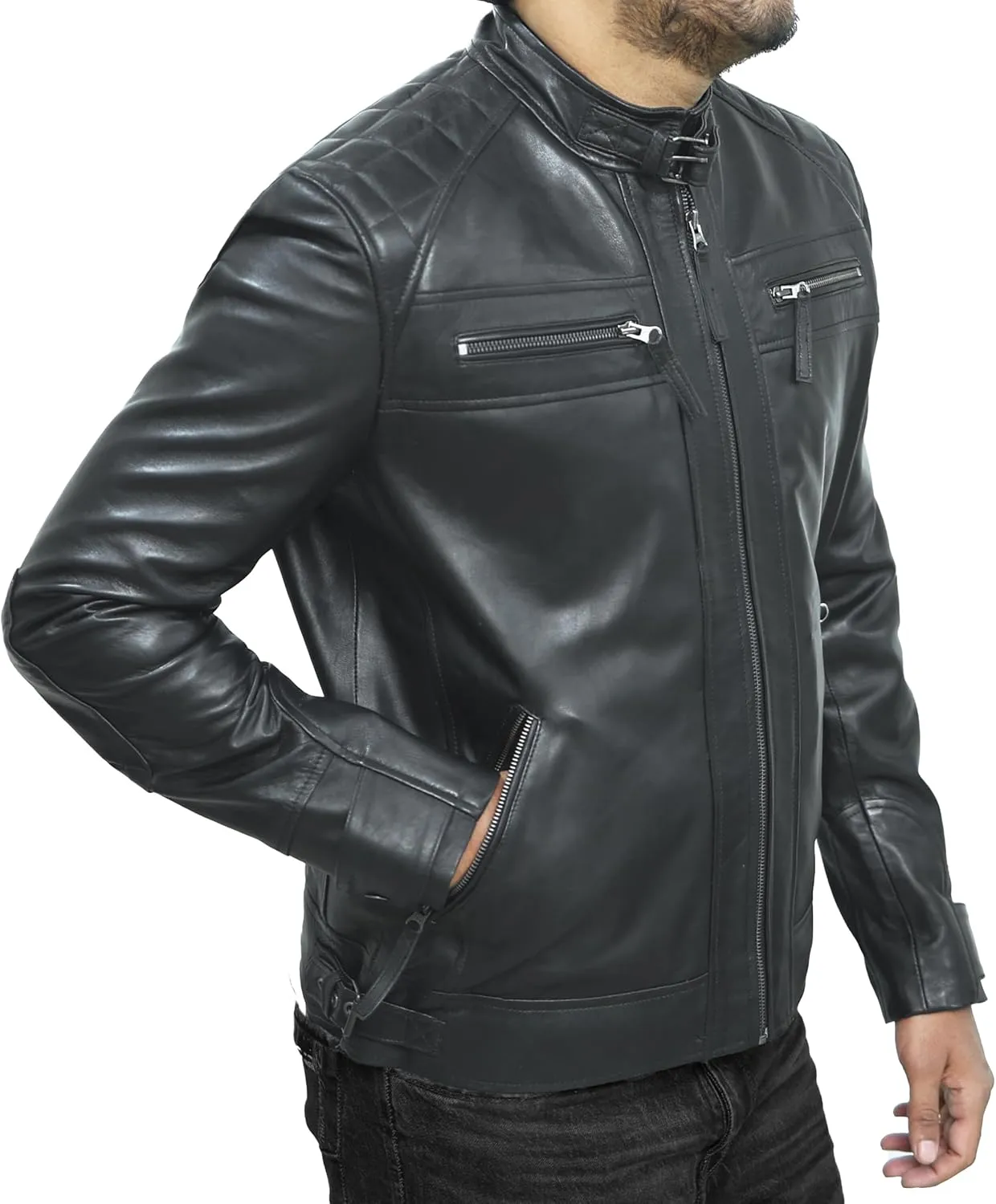 Motorcycle Black Leather Jacket Men - Vintage Biker Cafe Racer Real Lambskin Black Mens Motorcycle Jackets