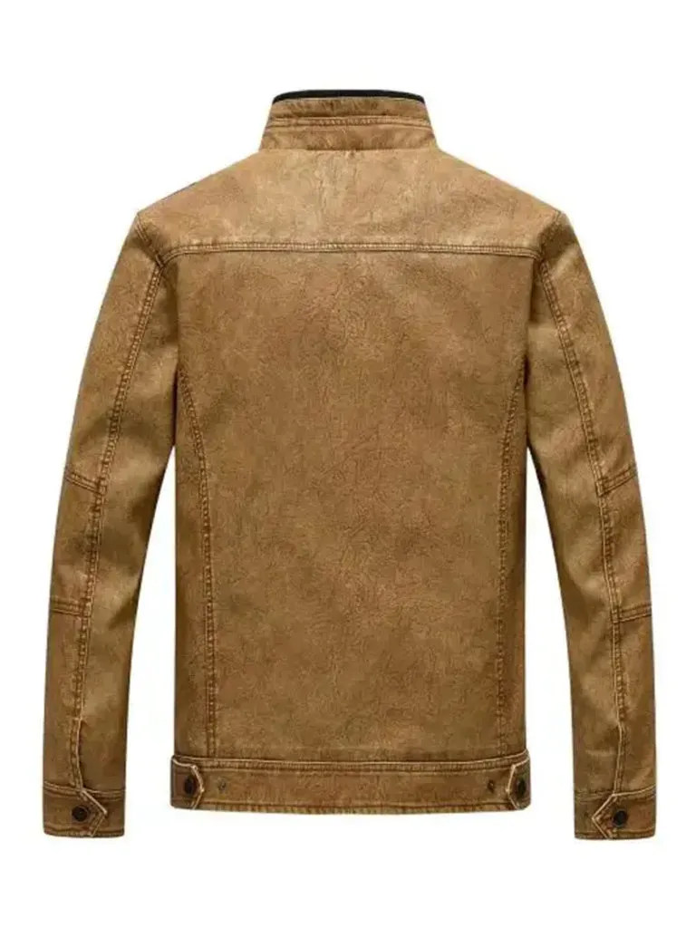 Vintage Brown Stand Collar Biker Leather Jacket