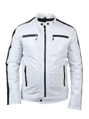 White Sleeve Stripes Biker Leather Jacket
